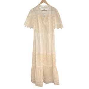 LA VIE Rebecca Taylor Cream Lace Eyelet Embroidered Button Maxi Dress